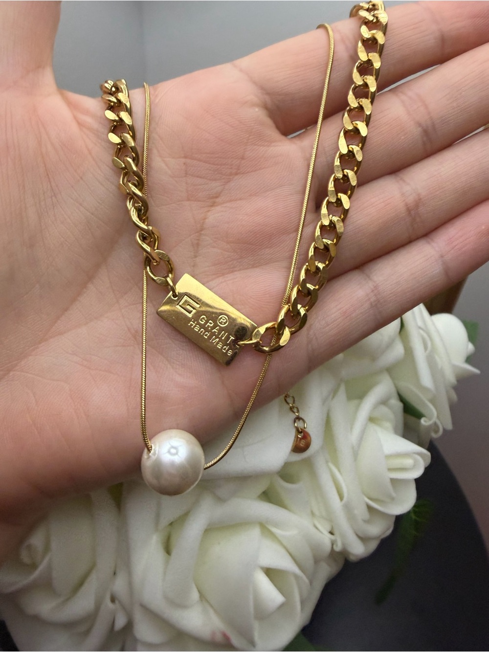 Stainless steel Gold Pearl Pendant Necklace - Gold and White